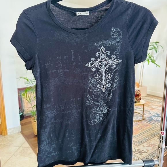 Y2K VOCAL Black Tee T Shirt with Embellished Cross on Front and Back Size Sm/M - Picture 5 of 5